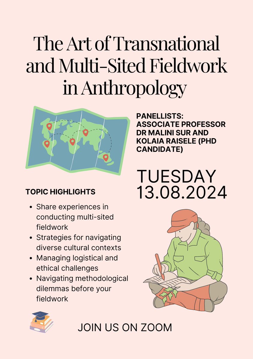 Australian Network of Student Anthropologists (@ansa_web) on Twitter photo Join us on Tuesday, 13th Aug, for a #workshop on #transnational and multi-sited #fieldwork in anthropology. Online panel from 3 – 4pm AEST.
For details, email ansa.exec@gmail.com
#ANSA #workshop #multiple #Anthro #student #Australia #researchmethods #ethnography Join us on Tuesday, 13th Aug, for a #workshop on #transnational and multi-sited #fieldwork in anthropology. Online panel from 3 – 4pm AEST.
For details, email ansa.exec@gmail.com
#ANSA #workshop #multiple #Anthro #student #Australia #researchmethods #ethnography