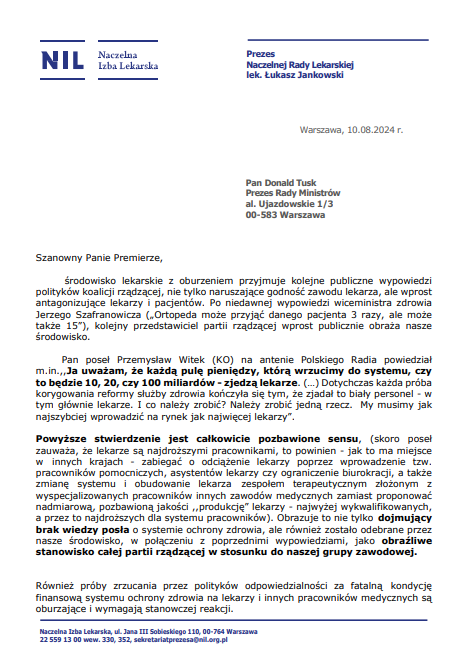 NaczelnaL's tweet image. Prezes @NaczelnaL  reaguje na kolejne wypowiedzi polityków dotyczące lekarzy‼️

Pan poseł Przemysław Witek (@ko_klub) na antenie @PR24_pl powiedział m. in. ,,Ja uważam, że każdą pulę pieniędzy, którą wrzucimy do systemu, czy to będzie 10, 20, czy 100 miliardów - zjedzą lekarze.…