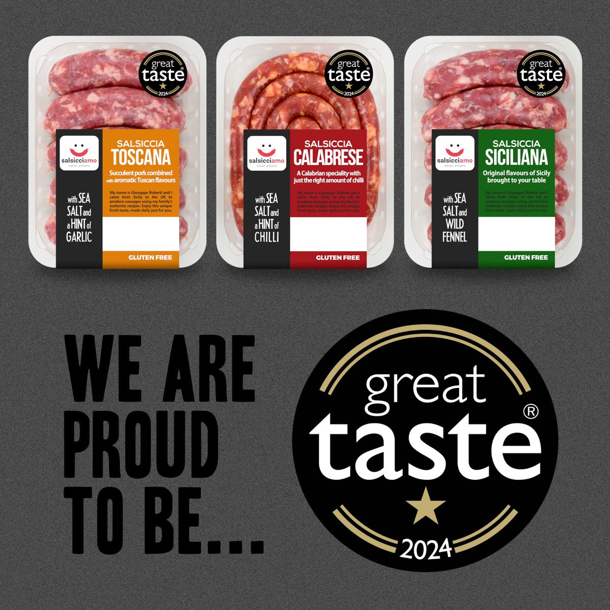 We’re so excited to say that not one, not two, but three of our premium fresh sausages have received 🌟stars🌟 at the prestigious Great Taste Awards this year!

#salsicciamo #greattasteawards #guildoffinefood #calabriansausage #siciliansausage #tuscansausage #Awardwinning
