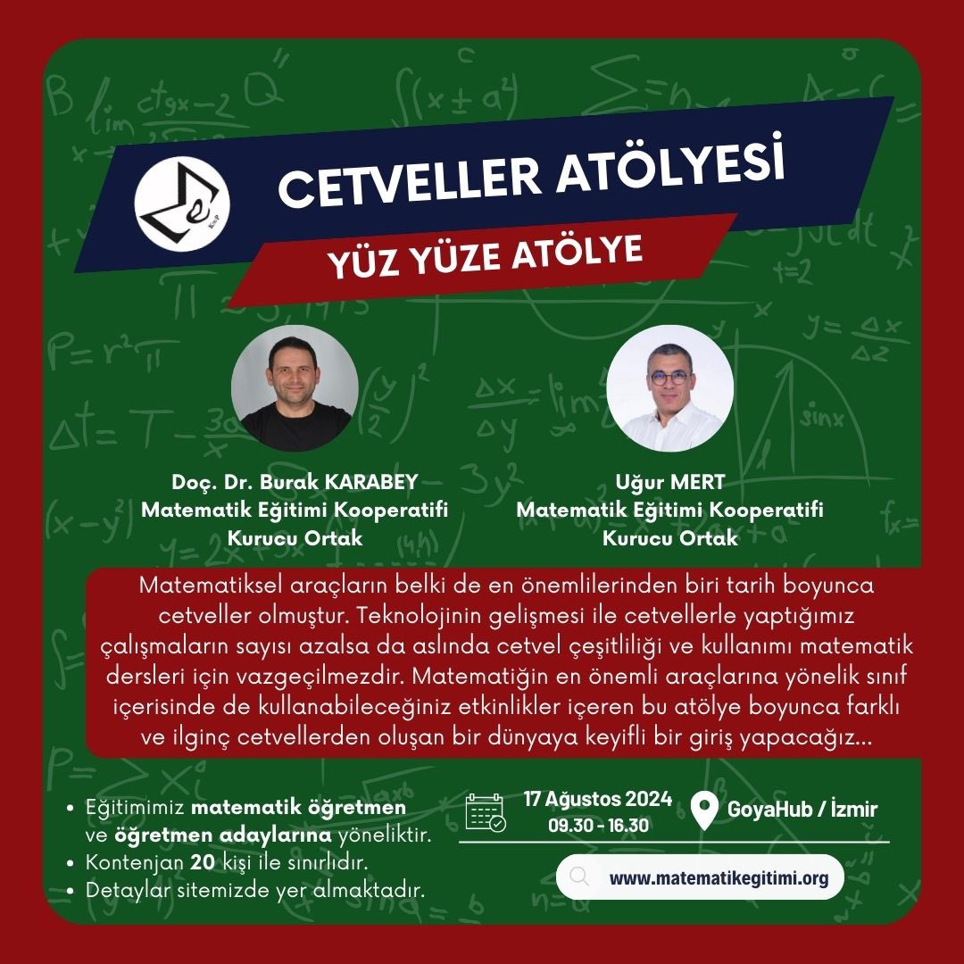 İzmir’de gerçekleşecek olan ve <a href="/burak_karabey/">Burak Karabey</a> ile <a href="/ugur72/">Uğur Mert</a> tarafından düzenlenen atölyemize kayıtlar devam ediyor. Matematikegitimi.Org üzerinden kayıt olabilirsiniz.