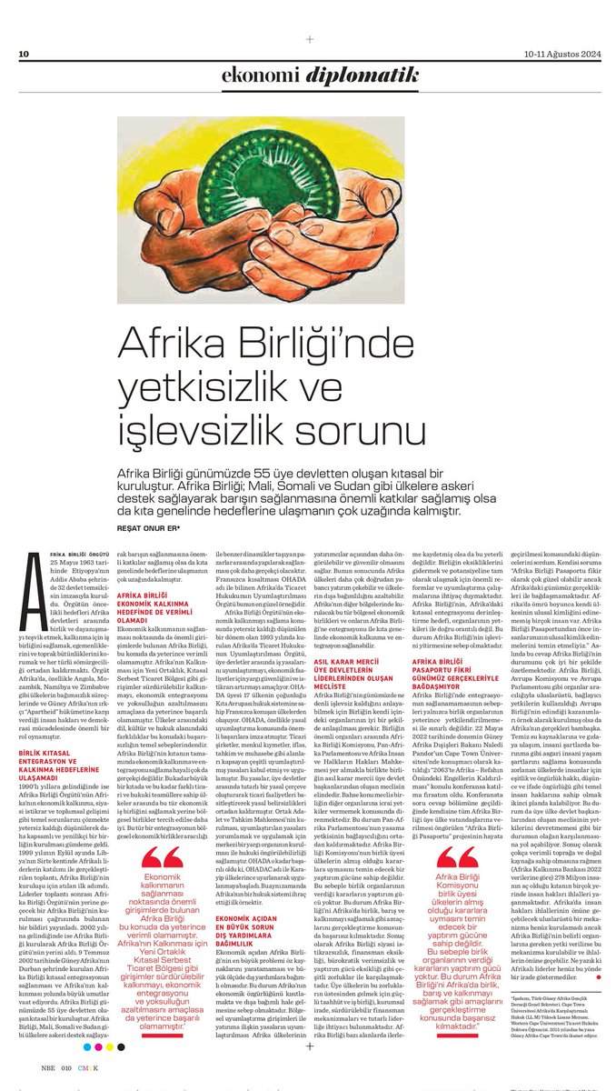 Ekonomi Diplomatik gazetesinde yayımlanan "Afrika Birliği'nde Yetkisizlik ve İşlevsizlik" başlıklı makalemde Afrika Birliği'nin güncel durumunu değerlendirdim. #Afrika #birlik #ekonomi #diplomatik #politika #OHADA