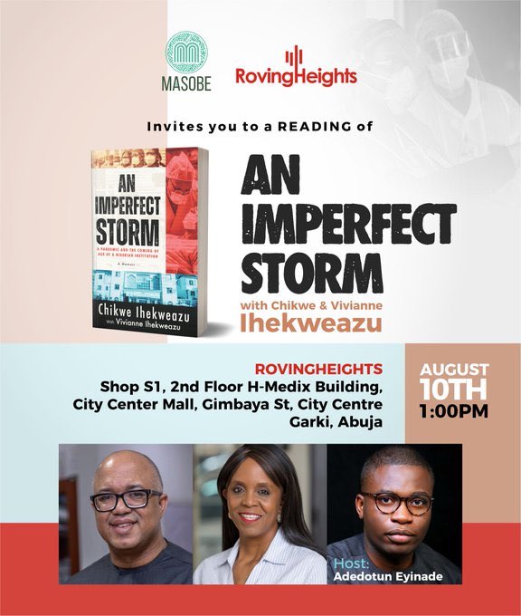 It has been an exciting few days. <a href="/VIhekweazu/">Vivianne Ihekweazu</a> &amp; I are so grateful for all the support with the publication of <a href="/animperfectstrm/">An Imperfect Storm</a>. 

Today, we have our final event in Abuja. Please join us at <a href="/Rovingheights/">RH Books</a> at 1pm for a book reading event.

#AnImperfectStorm