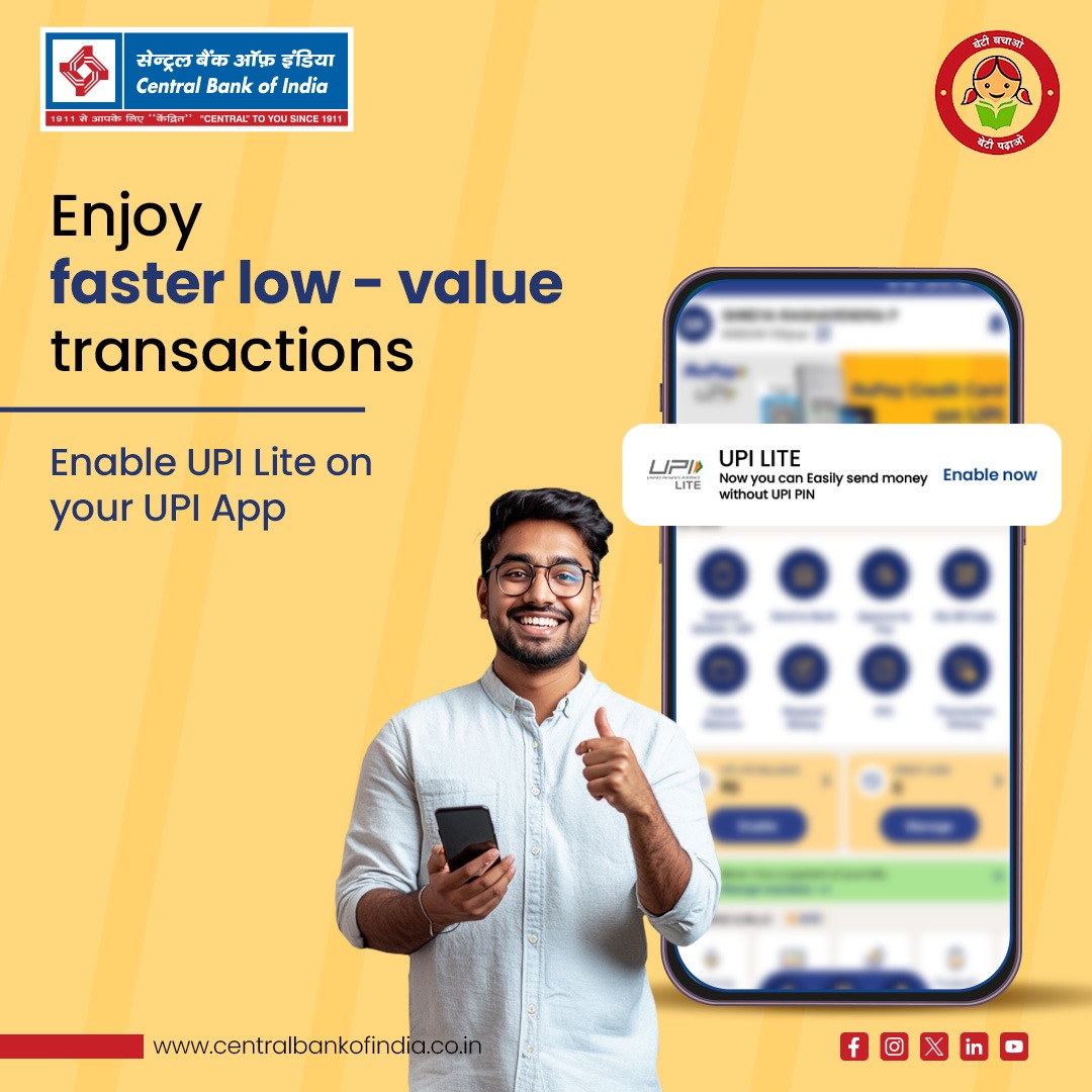 centralbank_in's tweet image. Enjoy faster transactions without a UPI PIN—enable UPI Lite on your UPI app today!

#UpiLite #CentralBankOfIndia #CentralToYouSince1911
