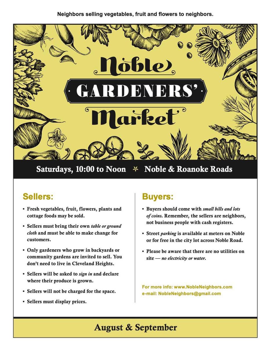 NobleNeighbors's tweet photo. Join us for Noble Gardeners' Market each Saturday in Aug and Sept, 10am-Noon at the corner of Noble &amp; Roanoke Roads. NEW THIS YEAR: Cottage foods are allowed for sellers in compliance with the Cottage Food Production Operation regulations. Details at https://t.co/W7x1A87zQP https://t.co/ujmlJwh9bO