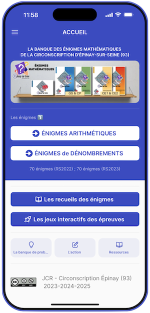 Banque des énigmes #maths  de la circonscription d'Epinay - #planmaths 
140 énigmes publiées de 2022 à 2024 classées selon  les types de problèmes, niveaux, ...
→ Une Application : jean-claude-bdp.glide.page
 → Sur le site ien-epinay.circo.ac-creteil.fr/spip.php?page=…