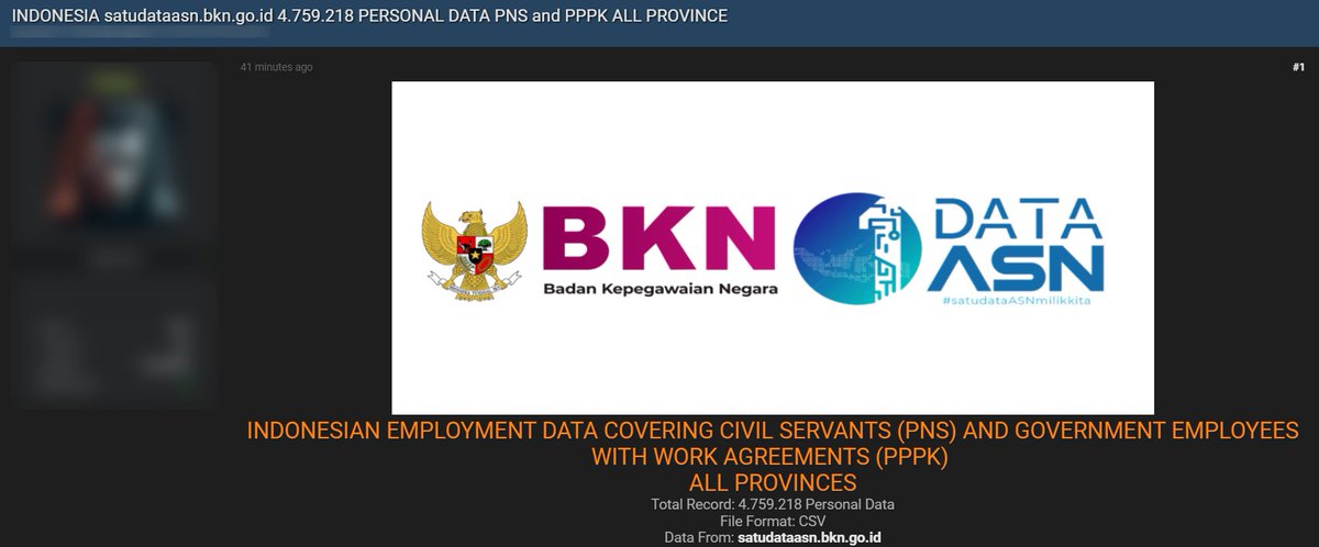 FalconFeedsio's tweet photo. 🚨 Data Breach Alert 🚨

A threat actor claims to be selling a database from Satu Data ASN (https://t.co/jFDhHSuoCV), containing the personal information of 4,759,218 Indonesian civil servants (PNS) and government employees with work agreements (PPPK) across all provinces. 

#Indonesia 
#Cyberattack #Databreach #Darkweb #InfoSec