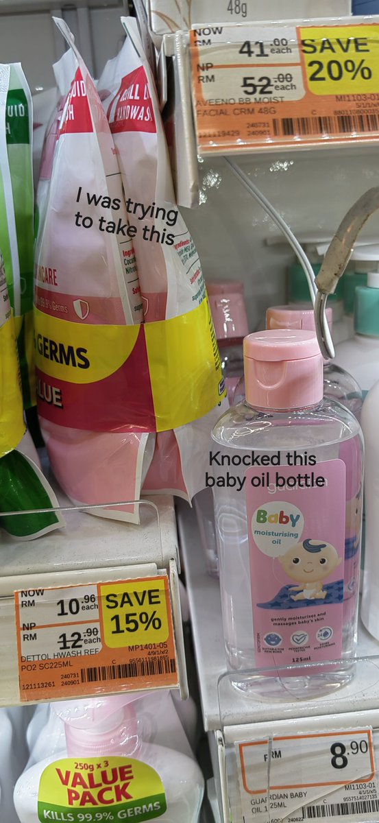 PoliticCocoNut's tweet photo. @GuardianMYS  R&amp;F Princess Cove JB branch made me pay for a bottle of baby oil accidentally knocked when taking refill dettol hand-wash next to it. Not my fault. The product is shelved so precariously close to the bottle. I went  back 3 days later same shelving. Deliberate? https://t.co/hEyFhLpCA1
