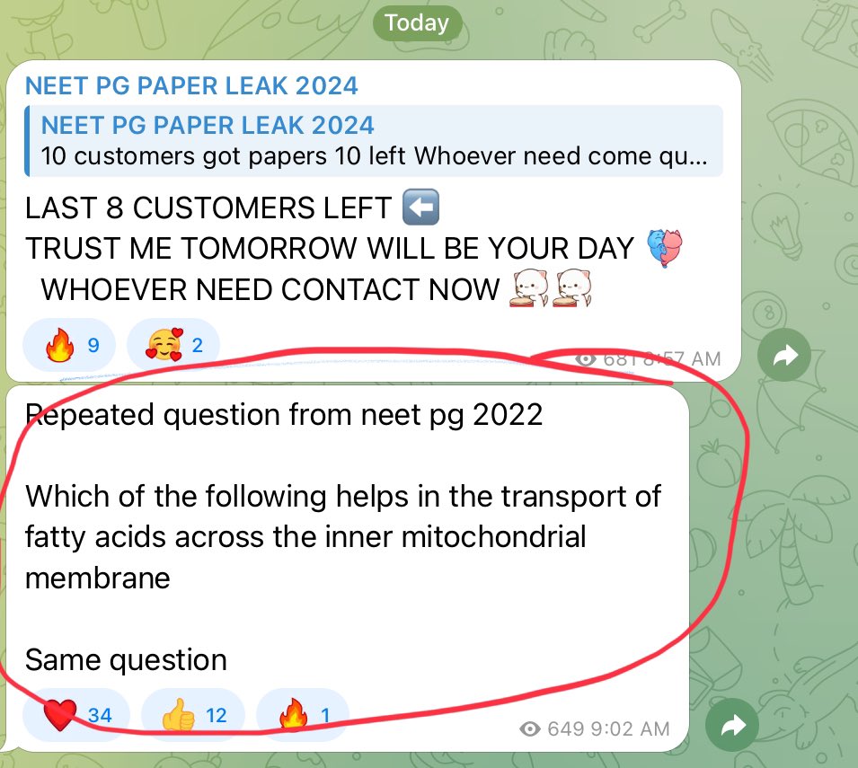 drfunnycurrent's tweet photo. This telegram group is claiming that they have leaked paper .. and this question will come … 
#NEET_SCAM #NEETPG2024 #NeetPG_mismanagement 
Is this true ? @Vivekpandey21 @DrDhruvchauhan https://t.co/zAz7qJQTWS