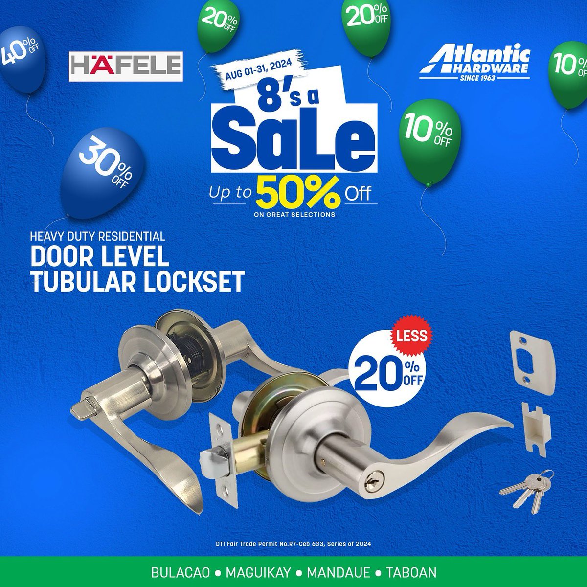 8’s A SALE mga Ka-Atlantic! 

Hafele’s Heavy Duty Residential Door Level Tubular Lockset is now 20% less at #AtlanticHardware! 

What are you waiting for? Visit Atlantic Hardware Now!

#atlantichardware #cebuhardware #sale 
￼