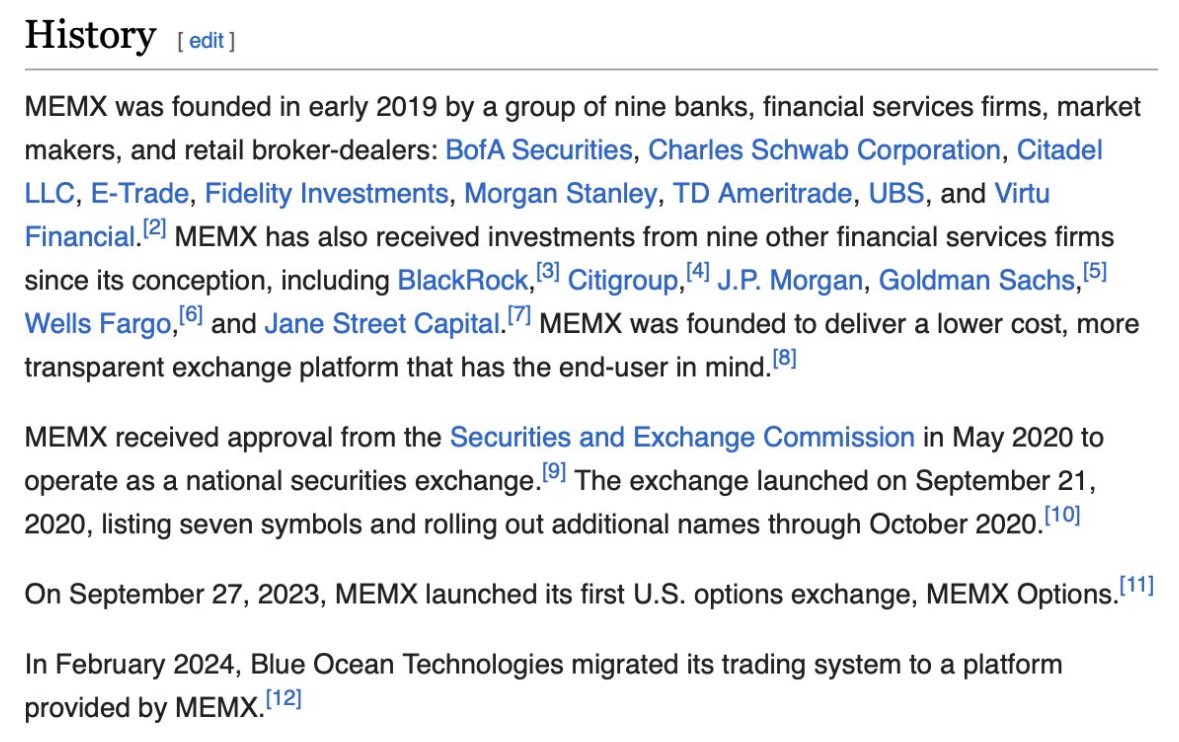 Malone_Wealth's tweet image. Check this out:

BofA Securities
Charles Schwab 
Citadel LLC
E-Trade
Fidelity
Morgan Stanley
TD Ameritrade
UBS
Virtu Financial
Blackrock 
Citigroup 
J.P. Morgan
Goldman Sachs 
Wells Fargo 
Jane Street Capital and Blue Ocean 

All formed MEMX, their own securities exchange. All of…