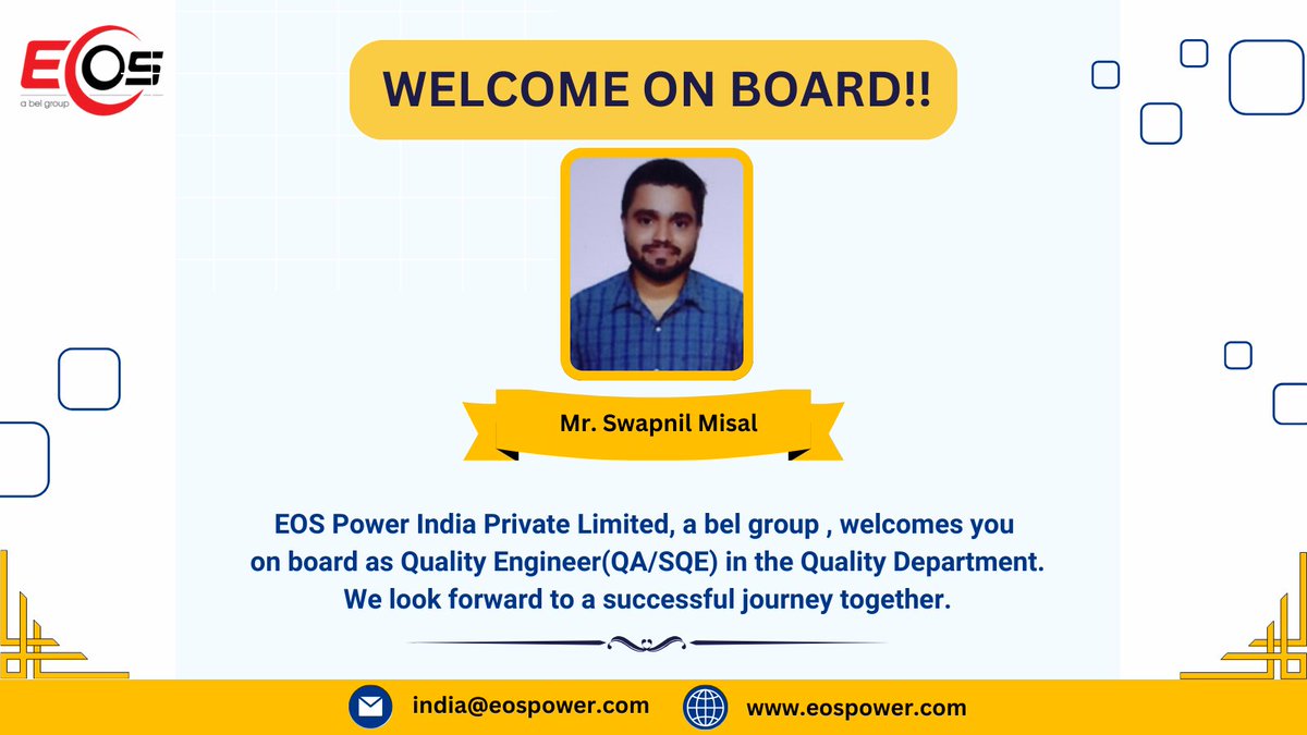 EOS_Power's tweet photo. EOS Power India Private Limited, a bel group , welcomes you on board as a Quality Engineer(QA/SQE) in the Quality Department.We look forward to a successful journey together #NEWHIRE #EOS #EOSPOWER #WELCOME https://t.co/eUH34kzFVk