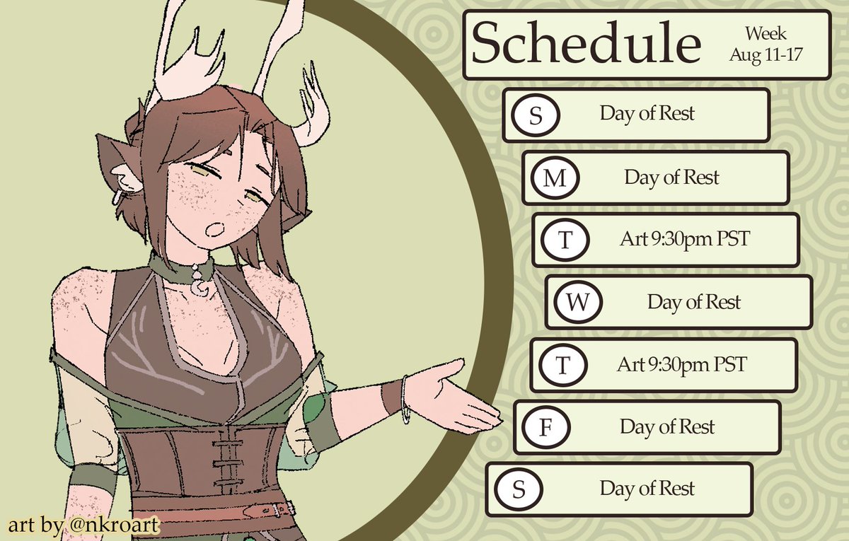 💚hey bous! it's been a while, here's a schedule for next week! i apologize for the lack of activity; hopefully next week i can jump back into it, albeit slowly!