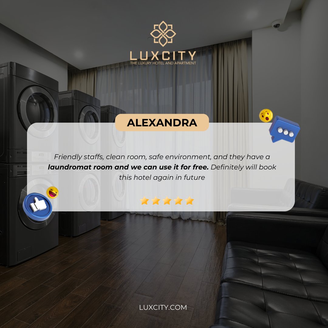 We're grateful for every moment you've spent with us at Luxcity! From our top-notch facilities to our friendly staff, we're committed to making your stay perfect. Thank you for taking the time to review your experience and share your kind words with us.