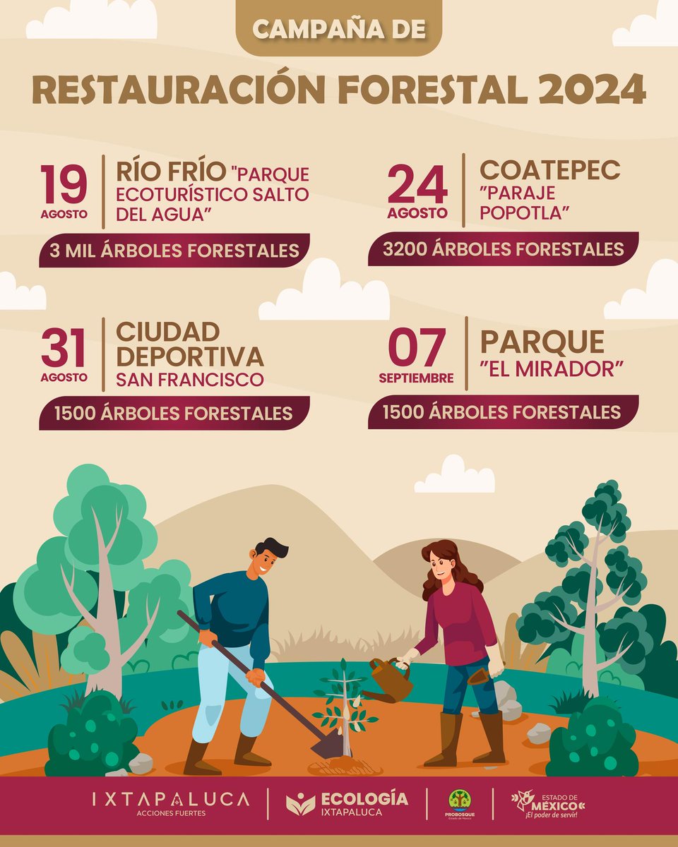 ¡Atención amigos de #Ixtapaluca, #ZonaVolcanes y #ValleDeMéxico! Les invitamos a participar en la #Campaña de #Restauración #Forestal 2024. ¡Ven con toda tu familia y amigos!
#EcologíaIxtapaluca #AtzallanComparte 🤲🌱💦🌳🥾🍃
⏳ FECHAS: 19 de agosto al 7 de septiembre 2024.