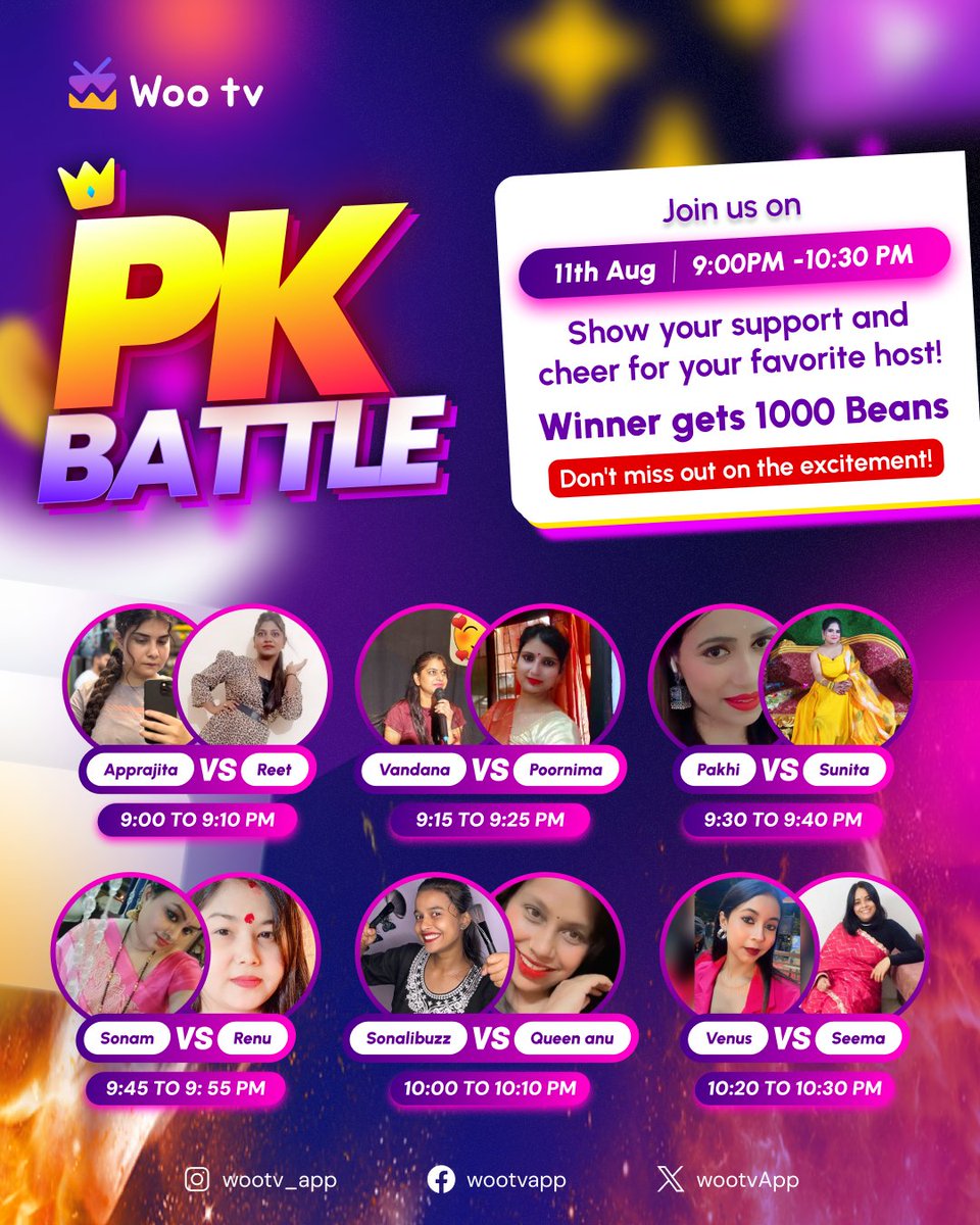 WootvApp's tweet photo. Get ready for some fun, because the PK Battle is about to rock your world! 🌟 Join us in wootv LiveRooms for an evening of live entertainment. 💃🔥 Are you excited? Come to the comments section and share your enthusiasm! ❤️

#wootv #live #stream #chingariapp🔥🔥 #LiveRooms https://t.co/pm1Sbffmdh