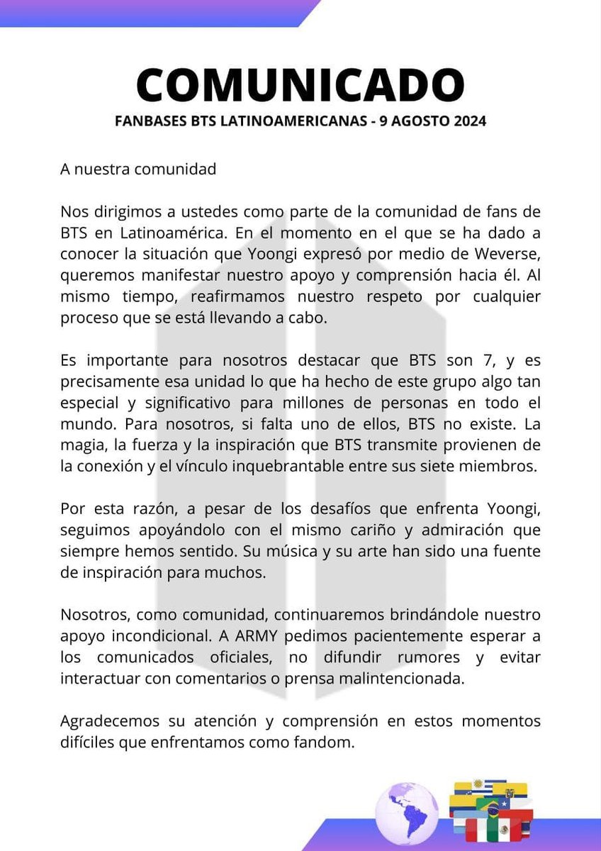 🚨📢 ATENCIÓN ARMY 💜 

COMUNICADO DE FANBASES DE BTS LATAM, PARA ARMY LATAM. 
 🇨🇷🇬🇹🇸🇻🇳🇮🇭🇳🇲🇽 🇵🇪🇨🇴🇪🇨🇵🇦🇩🇴🇧🇴🇵🇷🇻🇪🇨🇺🇵🇾🇦🇷🇺🇾🇧🇷🇨🇱

LEER CON ATENCIÓN Y DIFUNDIR ARMY 💜 ‼️🙏

BORAHAE BTS
BTS IS 7
LATAM ES ARMY