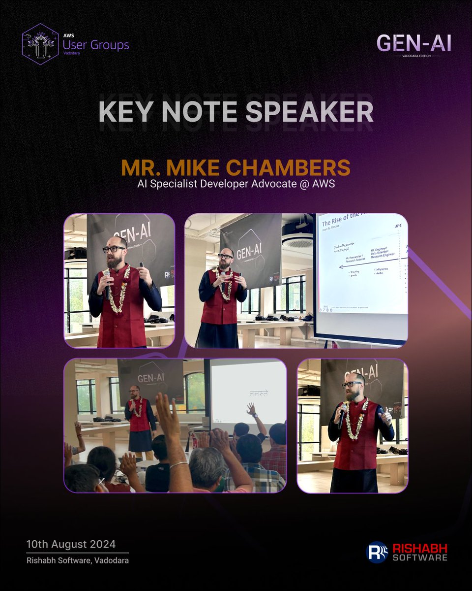 awsugbdq's tweet photo. 🌟We were honored to have Mike Chambers deliver an exceptional keynote session at AWS UG Vadodara Gen AI Edition! His deep insights into generative AI and cloud computing illuminated new possibilities in AI-driven innovation. #AWSUGVadodara #GenAI #KeynoteSpeaker #MikeChambers https://t.co/MzzFTrcBNT