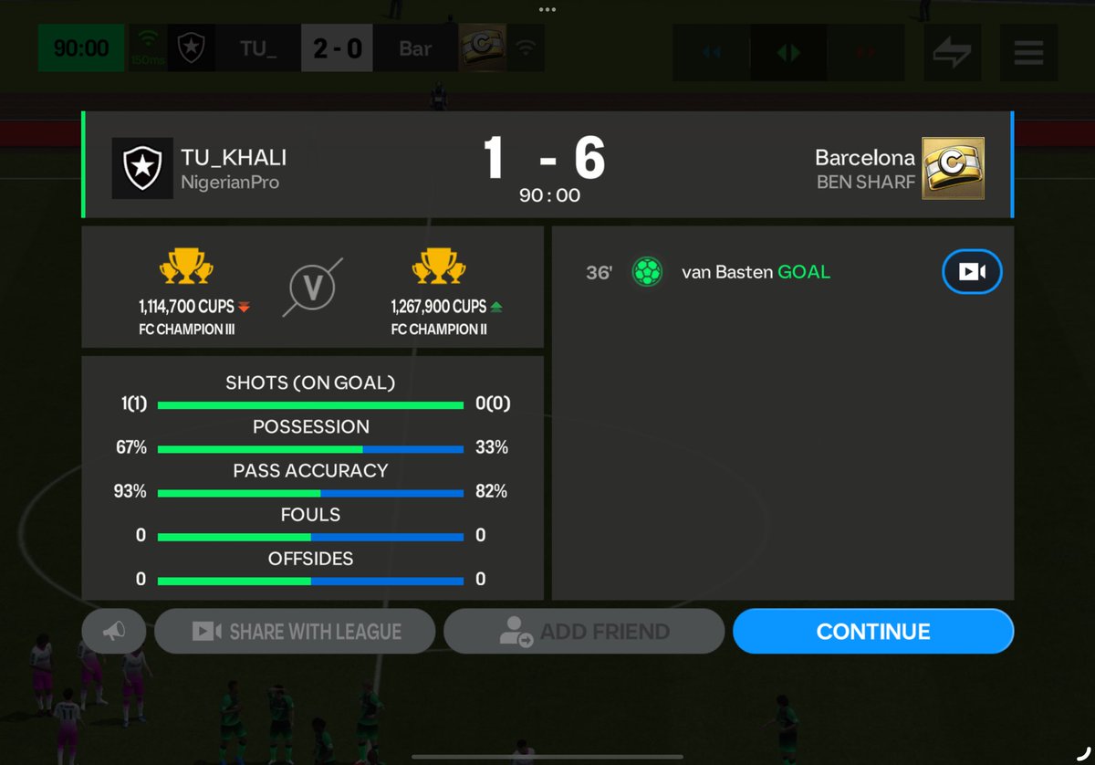 kccntv's tweet photo. @EASFCMOBILE @EASFCMOBILE how is it that after winning a h2h match 2:0 after the match it showed I lost 1:6 this is really crazy… from the screenshot provided you can see at 90 I won 2:0 so how come I lost after the page reloaded and there is no highlights of my opponent scoring goals https://t.co/m9KUSg1ePG