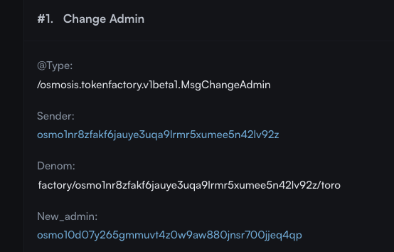 🚨🫡Team #TORO transfers admin role to Gov #Osmosis.

Details of the transaction. 
mintscan.io/osmosis/tx/ECC…

#Cosmos #decentralized #memecoin
