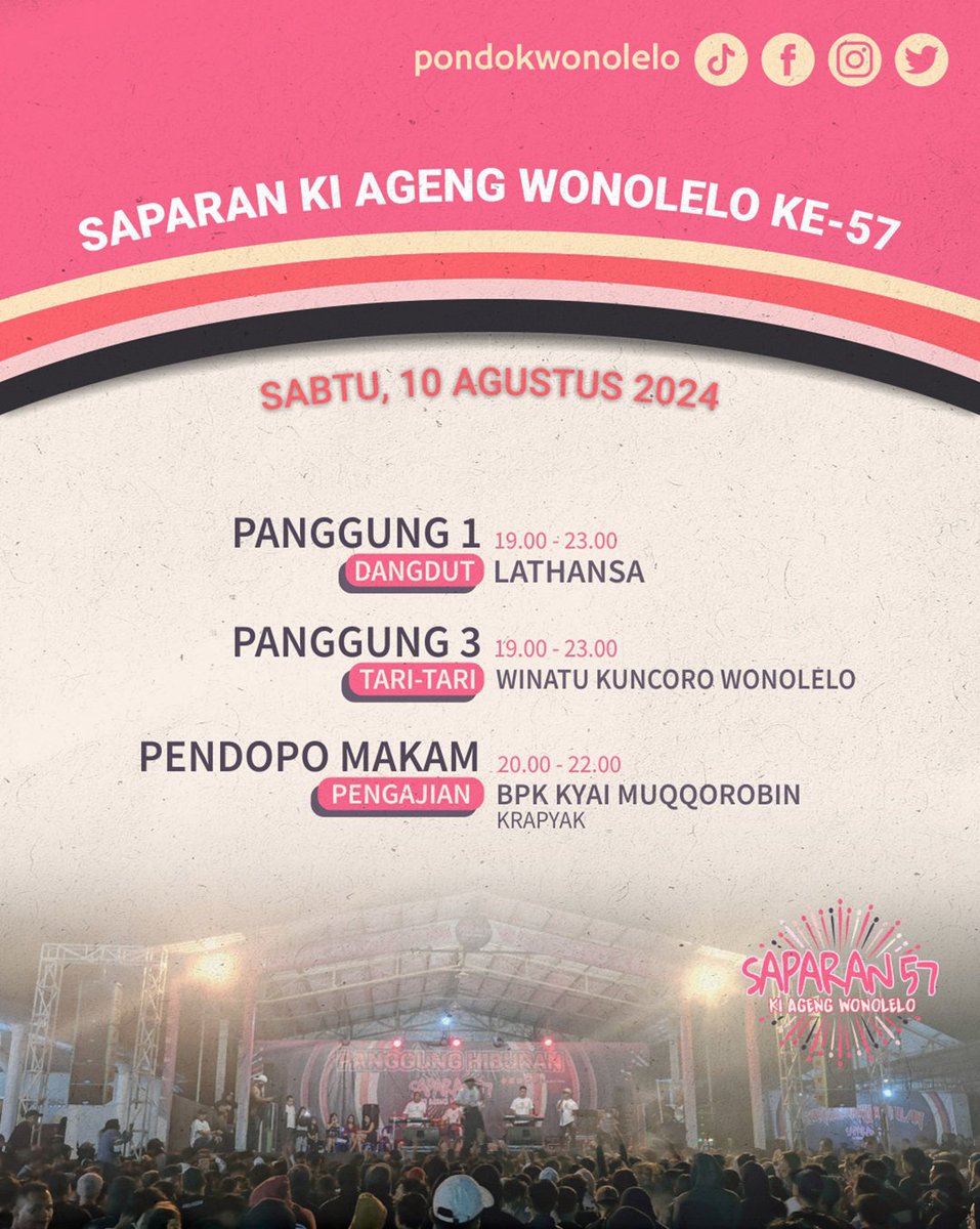 DAY 9‼️
Sabtu, 10 Agustus 2024

Rung ndue rencana malem minggu? Rung ndue rencana #PMS an? Lesgo ajak konco dulurmu kesini, mari merayakan malam minggu bersama🥳

Yang mau rikues lagu tulis di komen ya lur, ben wonomin ndue bahan nyeraki mbak penyanyi ehee

#Saparan57