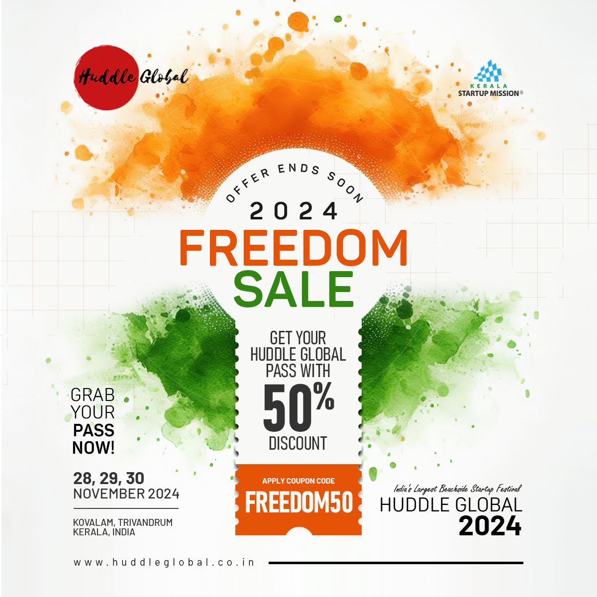 sandeep_write's tweet photo. Celebrate India's Independence Day with 50% OFF your Huddle Global 2024 pass! Use code FREEDOM50 at checkout and join us for the biggest beachside startup festival in India. 
🗓️ November 28-30, 2024
📍Kovalam, Trivandrum, Kerala
🔗Register now: https://t.co/DMgmwz67lu https://t.co/UJbX6cTGuO