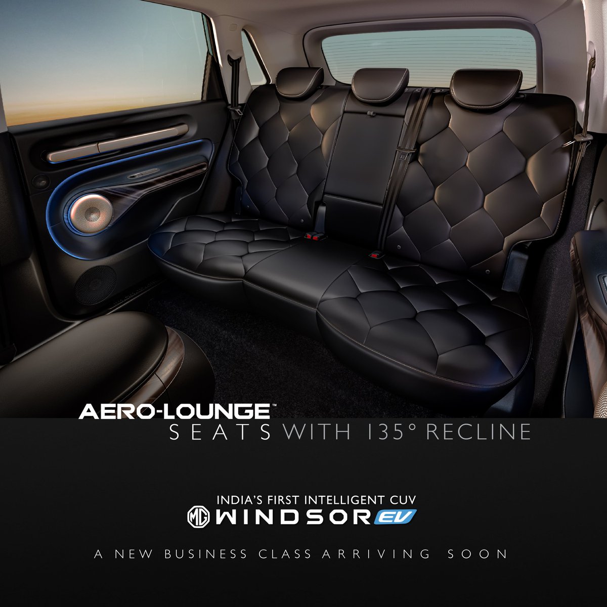 MGMotorIn's tweet photo. Journeys take on a new excitement, comfort takes on a new meaning. Introducing India’s first Aero-Lounge seats with 135° recline in #NextFromMG, the new MG Windsor EV. Prepare yourself for the feeling of being pampered on every drive. Arriving soon. 

#IntelligentCUV #MGWindsorEV #CUV #MorrisGaragesIndia #MGMotorIndia