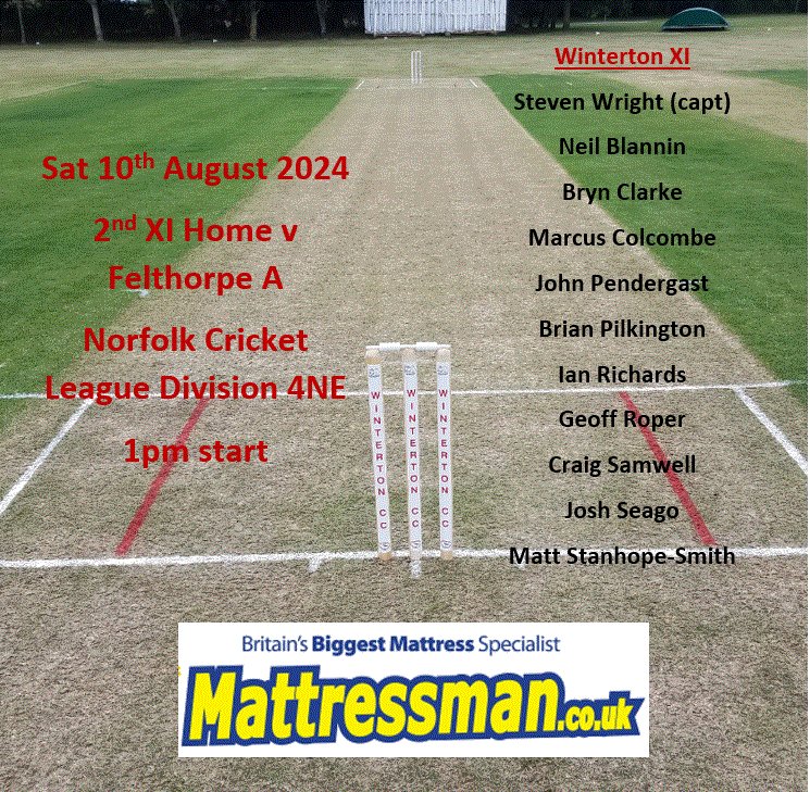 Today's fixtures:
1st XI Away v <a href="/MattishallCC/">MattishallCC</a> A
2nd XI Home v <a href="/Felthorpe_CC/">Felthorpe CC</a> A
Good luck to both teams.