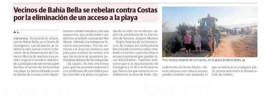 Estamos hartos de no poder acceder a la playa. Lo menos perjudicial para el medio ambiente es el sendero creado. 

Esperamos que #Costas, después de quitarnos la arena, continúe limpiando la cantidad de residuos que hay por todo el espacio y llegan al #MarMenor.

#BahíaBella