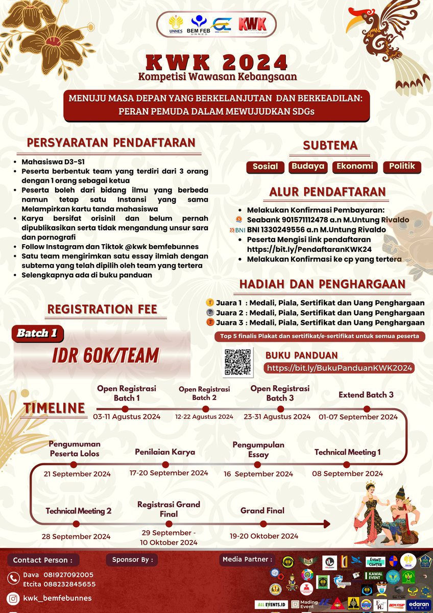 [𝗞𝗢𝗠𝗣𝗘𝗧𝗜𝗦𝗜 𝗪𝗔𝗪𝗔𝗦𝗔𝗡 𝗞𝗘𝗕𝗔𝗡𝗚𝗦𝗔𝗔𝗡 𝟮𝟬𝟮𝟰] 

Salam Perubahan!

Kompetisi Wawasan Kebangsaan hadir kembali di tahun 2024. Are you ready to be a winner in KWK 2024?

Let's join! Batch 1 registration is open now! 

Link: bit.ly/PendaftaranKWK…