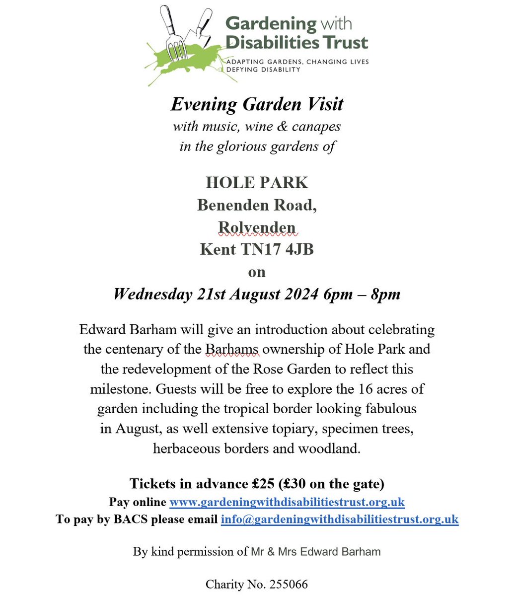 Have you bought your tickets yet? Visit our website today to buy your tickets and come along to a wonderful evening event to enjoy the fabulous gardens of @holeparkgarden 

gardeningwithdisabilitiestrust.org.uk/get-involved/o…

#garden #gardening #fundraising #sussex #kent #localevents #disability #charity