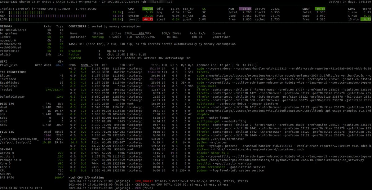 jalva_dev's tweet image. サーバやコンピュータのリソースモニタリングが必要な時に、私が一般的な情報を得るために使用しているツールは「Glances」です。pipを使って簡単にインストールでき、すべてのプラットフォームでサーバにインストールし、ターミナルやSSH経由で監視できます。…