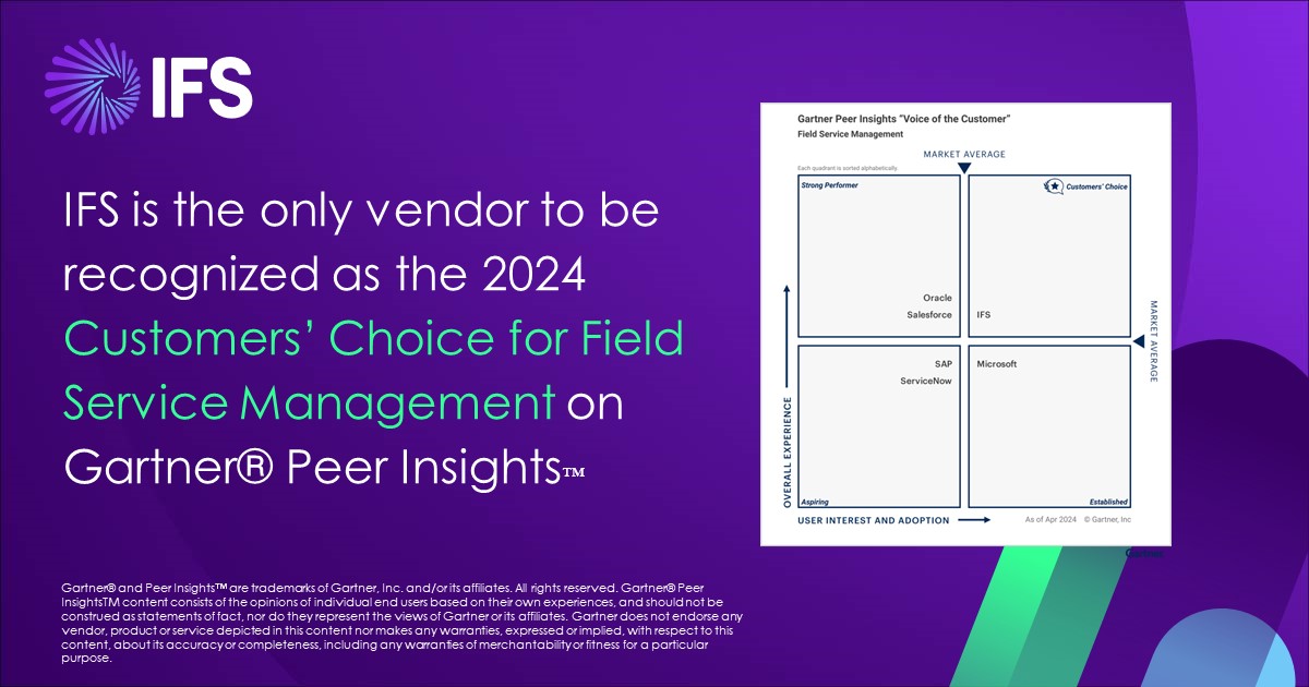 Really proud to share that @IFS has been named the 𝗼𝗻𝗹𝘆 Customers’ Choice in the 2024 <a href="/Gartner_inc/">Gartner</a>® Peer Insights™ Voice of the Customer for Field Service Management. We remain committed to leading with service excellence and innovative solutions. 🌟

ifs.link/vBQeWN
