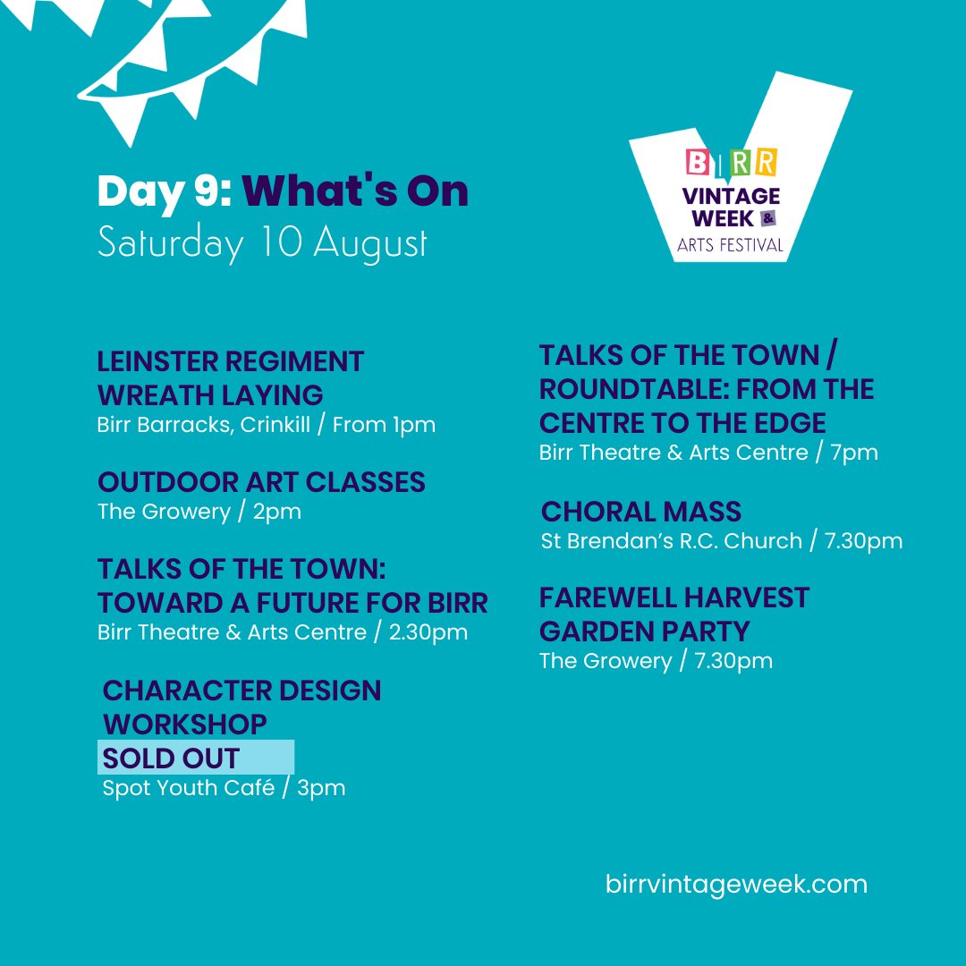 🎩 DAY 9 - WHAT'S ON

It's our final full day of events here at #birrvintageweek

⏰ The Reason of Towns Exhibition is open today at John's Hall while it's your last chance to see Quilts of Connemara at the Space Above on the Main Street.

🔗 birrvintageweek.com