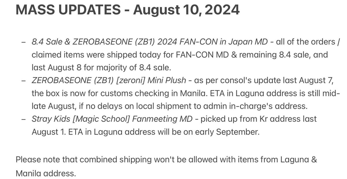 bkphservices's tweet photo. 📢 MASS UPDATES (August 10)

If there are missing updates, please let us know.
For follow-ups regarding shipment or no replies about the concern via DMs, please do up your DMs so it will be raised and answered as soon as possible.

Thank you! https://t.co/B0FBtLHSPi