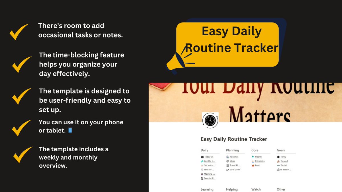 FindNotion's tweet image. This Notion template enhances your daily routine with the Easy Daily Routine Tracker.
Effortlessly organize your tasks, track your progress, and streamline your activities to maximize productivity and achieve your daily goals.
#notion #notiontemplates #notionplanner