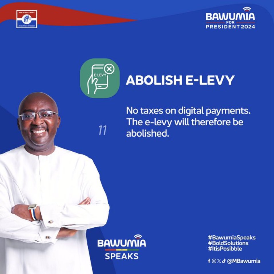 Gen_Buhari_'s tweet image. Bawumia has always spoken against the E-Levy, now I can assure you, in NPP’s Next Government under the leadership of Dr. Bawumia, E-levy shall be abolished.

#BoldSolutionsForTheFuture
#Bawumia2024
#ItIsPossible