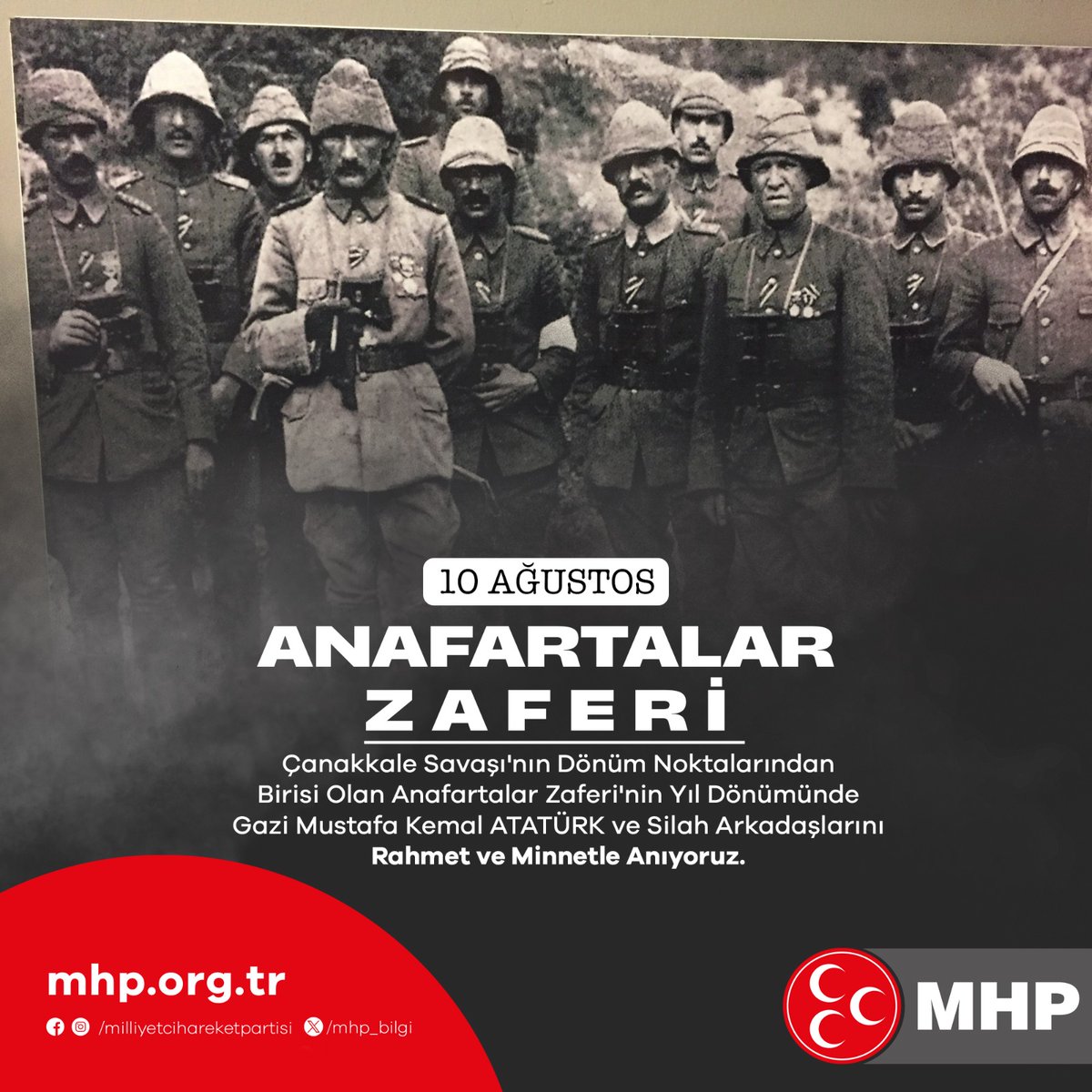 MHP_Bilgi's tweet photo. Çanakkale Savaşı'nın dönüm noktalarından birisi olan Anafartalar Zaferi'nin yıl dönümünde Gazi Mustafa Kemal ATATÜRK ve silah arkadaşlarını rahmet ve minnetle anıyoruz. https://t.co/v67dcATjgF