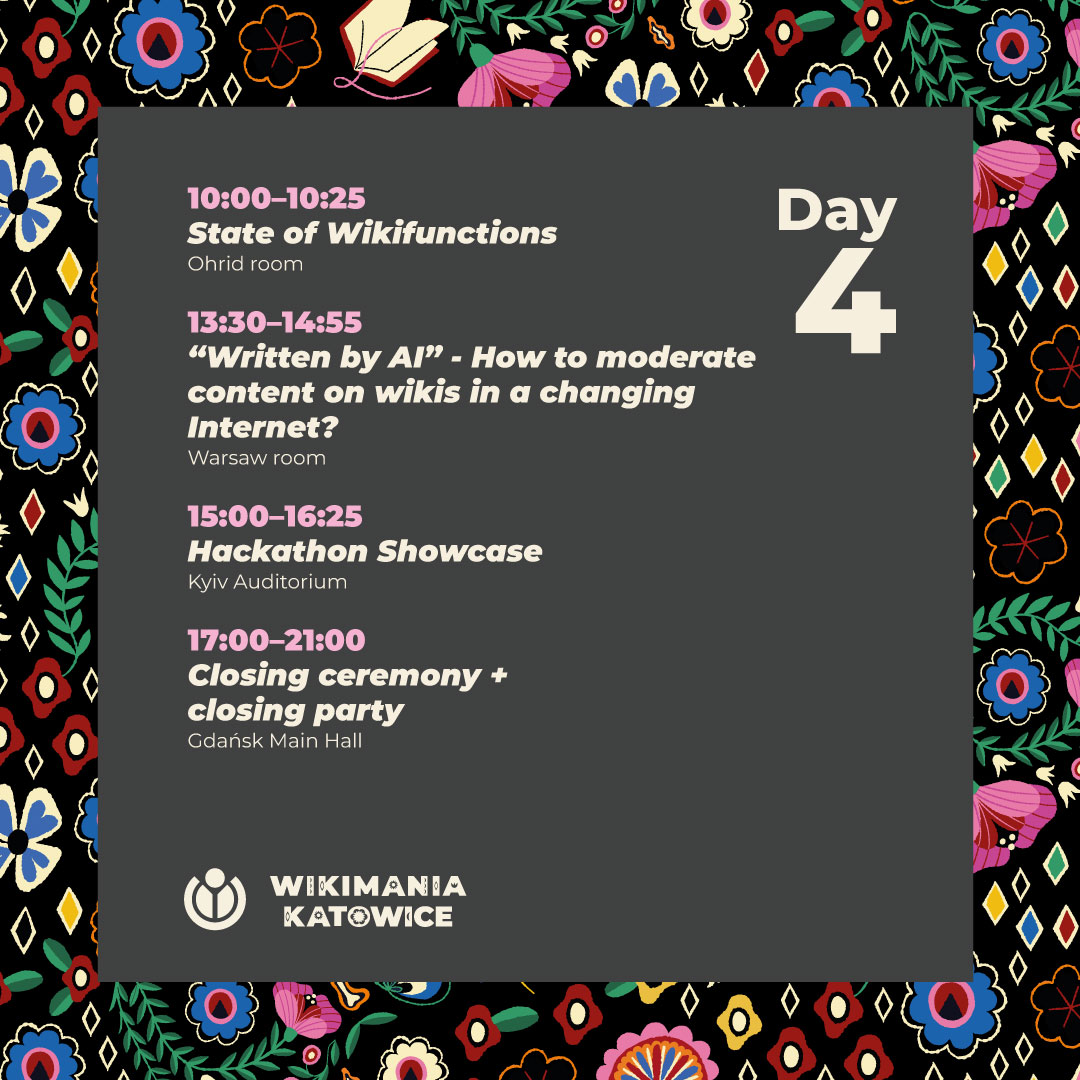 Wikimedia's tweet photo. Welcome to the last day of #Wikimania2024!

What you will see today:
➡️ generation gap on Wikimedia projects
➡️ the cool tools built at the Hackathon
➡️ the plans for @Wikimania 2025
and so much more!

See the full program and watch live ➡️ https://t.co/ZQUrMONXde https://t.co/ExBFs6MfCp