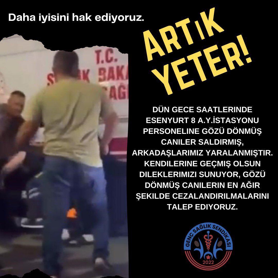 Dün gece Esenyurt 8 A.Y. İstasyonu personellerin gözü dönmüş caniler saldırmış, arkadaşlarımız yaralanmıştır. Kendilerine geçmiş olsun dileklerimizi sunuyor, gözü dönmüş canilerin en ağır şekilde cezalandırılmalarını talep ediyoruz
#dahaiyisinihakediyoruz
#osmkya06
#gencsagliksen