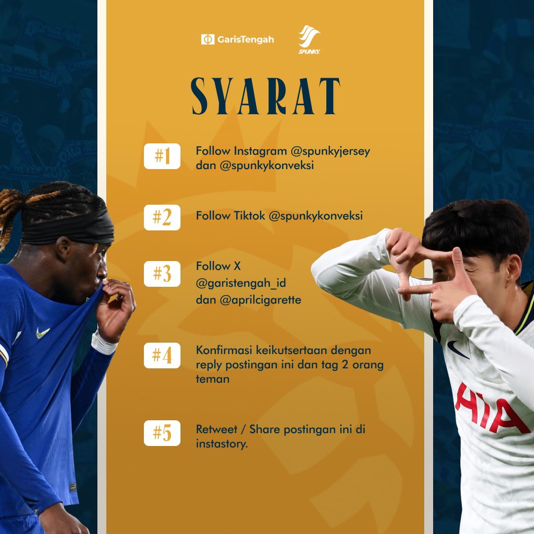 Garis Tengah (@garistengah_id) on Twitter photo Wahai manajer FPL, ayo join Liga FPL GT x SPUNKY!🚨
Banjir HADIAH hingga JUTAAN RUPIAH!💥
Syarat? Follow:
- IG spunkyjersey & spunkykonveksi
- Tiktok spunkykonveksi
- <a href="/garistengah_id/">Garis Tengah</a> & <a href="/aprilcigarette/">Reno Fandelika</a>
- RT dan reply twit ini.
Tulis: nama manajer, nama tim + mention 2 teman Wahai manajer FPL, ayo join Liga FPL GT x SPUNKY!🚨
Banjir HADIAH hingga JUTAAN RUPIAH!💥
Syarat? Follow:
- IG spunkyjersey & spunkykonveksi
- Tiktok spunkykonveksi
- <a href="/garistengah_id/">Garis Tengah</a> & <a href="/aprilcigarette/">Reno Fandelika</a>
- RT dan reply twit ini.
Tulis: nama manajer, nama tim + mention 2 teman