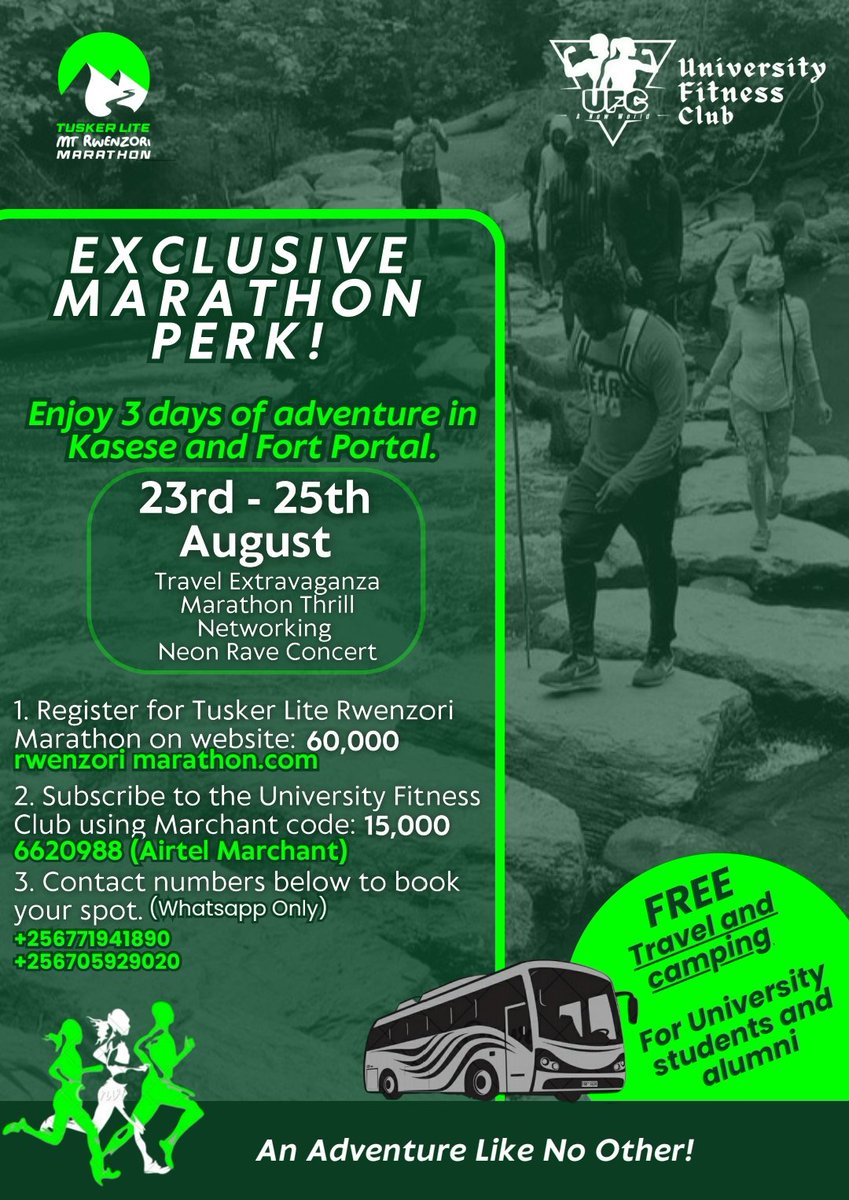 nasiimaroddy's tweet photo. Ready to run wild? Join us in Kasese from August 23-25 for the ultimate marathon experience! Nature, networking, and exclusive perks await! Donโt miss out! ๐ https://t.co/CTDntBTGSg #TuskerLiteRwenzoriMarathon #RunForAdventure https://t.co/urO9DsaQFI