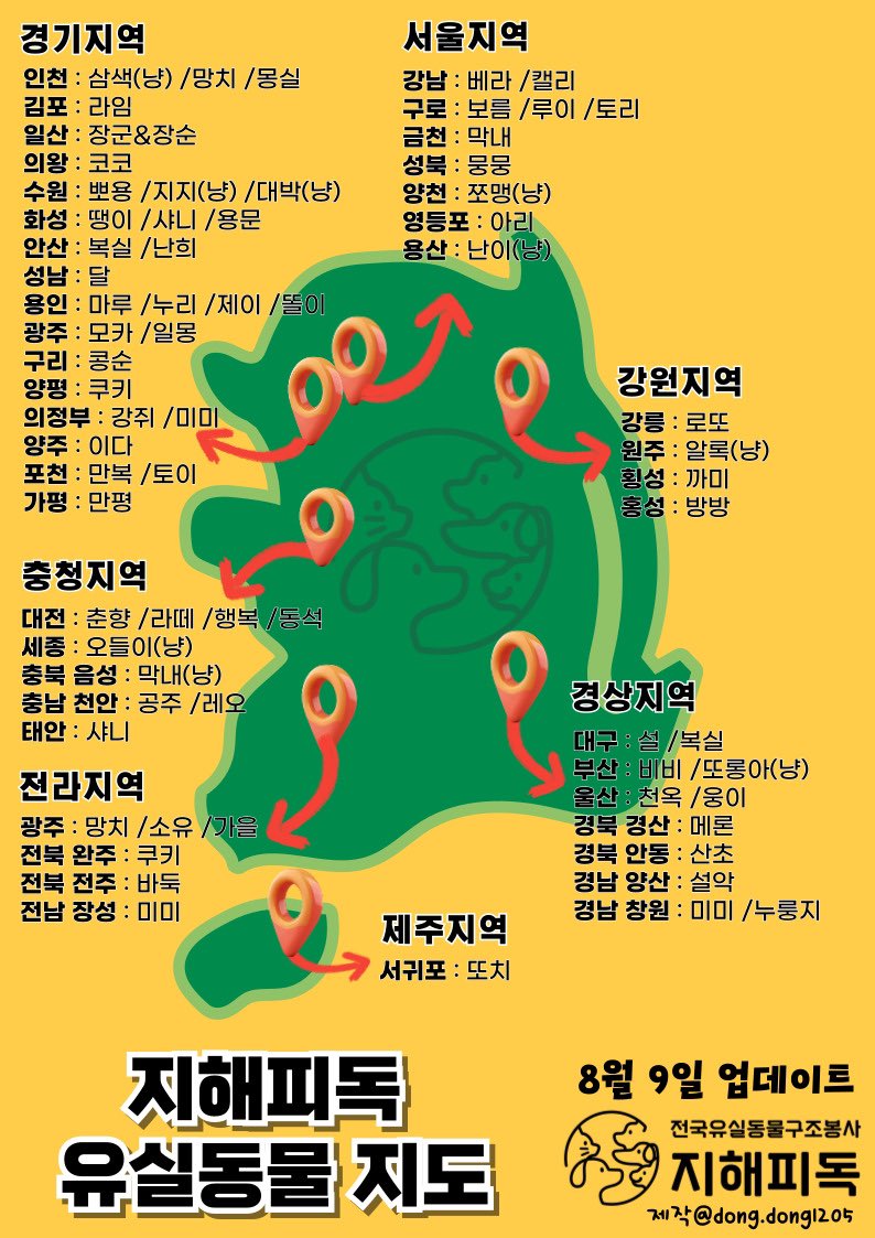 grace_happydog's tweet photo. 📍전국 지해피독 유실견 지도📍
서울/경기 외의 지역은 봉사자가 매우 적습니다
강아지 찾는 일에 동참하고싶으신 분들 언제든 환영입니다! https://t.co/DC6IKBYIKa