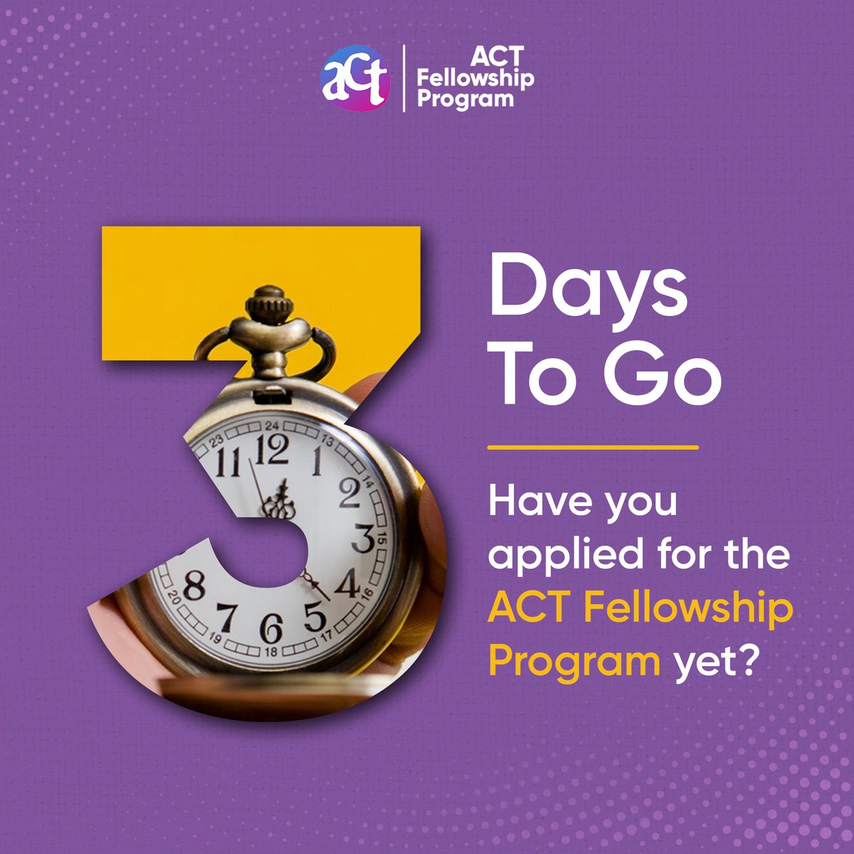 actgrants's tweet photo. 🌟Only 3 days left to apply for the #ACTFellowshipProgram! If you’re passionate about tech-driven social impact, don’t miss the chance to join a community of changemakers and innovators!

Apply before 11:59 pm on 13th August 2024: https://t.co/6efvMhH6mf

#CoFoundersOfSocialChange #Fellowships
