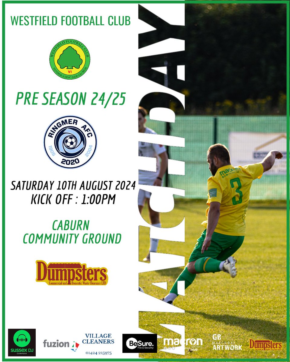 WestfieldFC9's tweet photo. 𝐈𝐓𝐒 𝐌𝐀𝐓𝐂𝐇𝐃𝐀𝐘! ⚽️🗓 #1 
PRE SEASON WEEKENDER 

The Reserves are travelling to Ringmer this afternoon for their penultimate pre season friendly.

180 Minutes away for league football , time to knuckle down.

New Warm up top sponsor Dumpsters are todays match sponsor.

🏠 Reserves - 
🆚️ @RingmerAFC II
🏆 PSF
⏰ 1:00PM
🏟 CABURN COMMUNITY GROUND
⚫️ REF UNKNOWN
🤝 Dumpsters Residential & commercial Rubbish and Appliance Clearance 
🎟 FREE ADMISSION 
 
#Westies🌳🌳