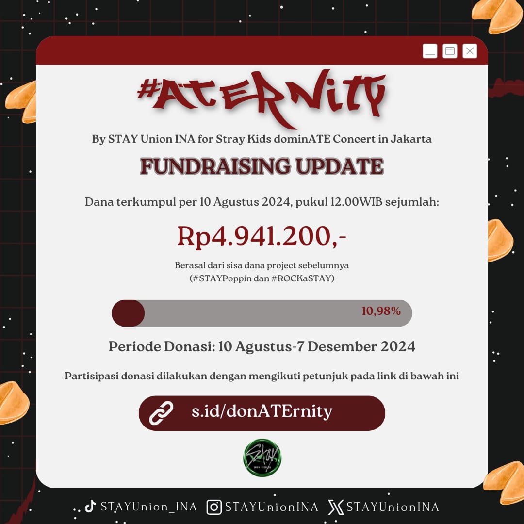 STAYUnionINA's tweet photo. STAYUnionINA PRESENT

Fan Project: #ATErnity for Stray Kids World Tour <dominATE> in Jakarta!

Hi STAYs!
We’re now OPEN FOR DONATION!
This project won’t happen without you 😉
 
🕖: starts from August 10th, 2024

Donation form: https://t.co/pyunVRWEoB

#dominATEinJKT #StrayKids https://t.co/uzqSDl05wv