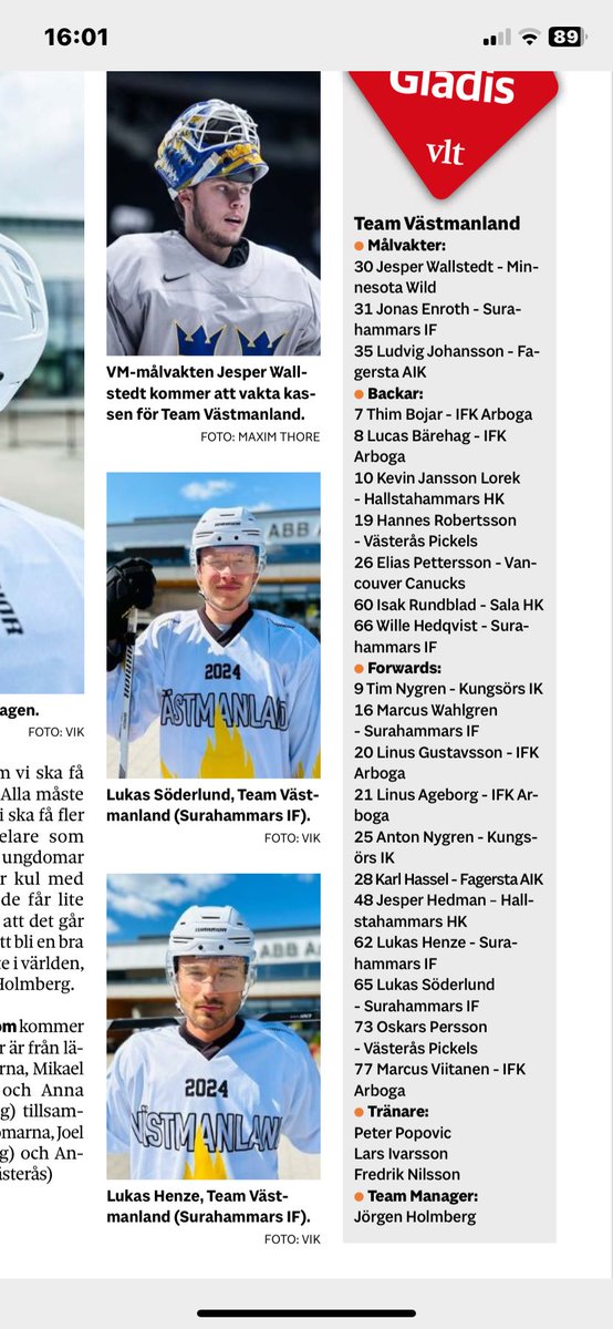 Lag Västmanland mot <a href="/VasterasIK/">Västerås IK</a> idag 14.00 😀🥅🏒