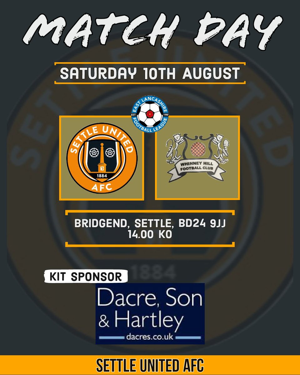 Settle United AFC (@settleunited) on Twitter photo ⬛🟧Season Begins⬛🟧
The 1st team get our season underway this afternoon at home to <a href="/Whinneyhillfc/">Whinney Hill FC</a> in the East Lancashire Premier Division.
Thank you to Dacres Settle for their continued support as sponsors on our club kits 🤝
All welcome at Bridgend this afternoon ⚫🟠⚽️ ⬛🟧Season Begins⬛🟧
The 1st team get our season underway this afternoon at home to <a href="/Whinneyhillfc/">Whinney Hill FC</a> in the East Lancashire Premier Division.
Thank you to Dacres Settle for their continued support as sponsors on our club kits 🤝
All welcome at Bridgend this afternoon ⚫🟠⚽️