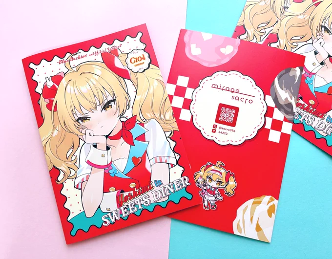 ◤ #C104 頒布物◢ リーフレットのサンプルです🎀A5/8P  折り込んであるリーフレットを開いていくと、ヨシミちゃんにあーんしてあげれます🥄 中面はアクスタ絵の表情違いポスターになってます🌟