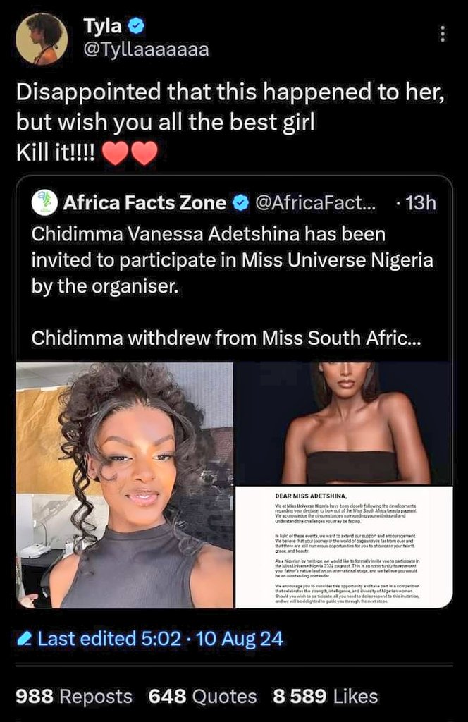 Tyla shows support for Chidimma
