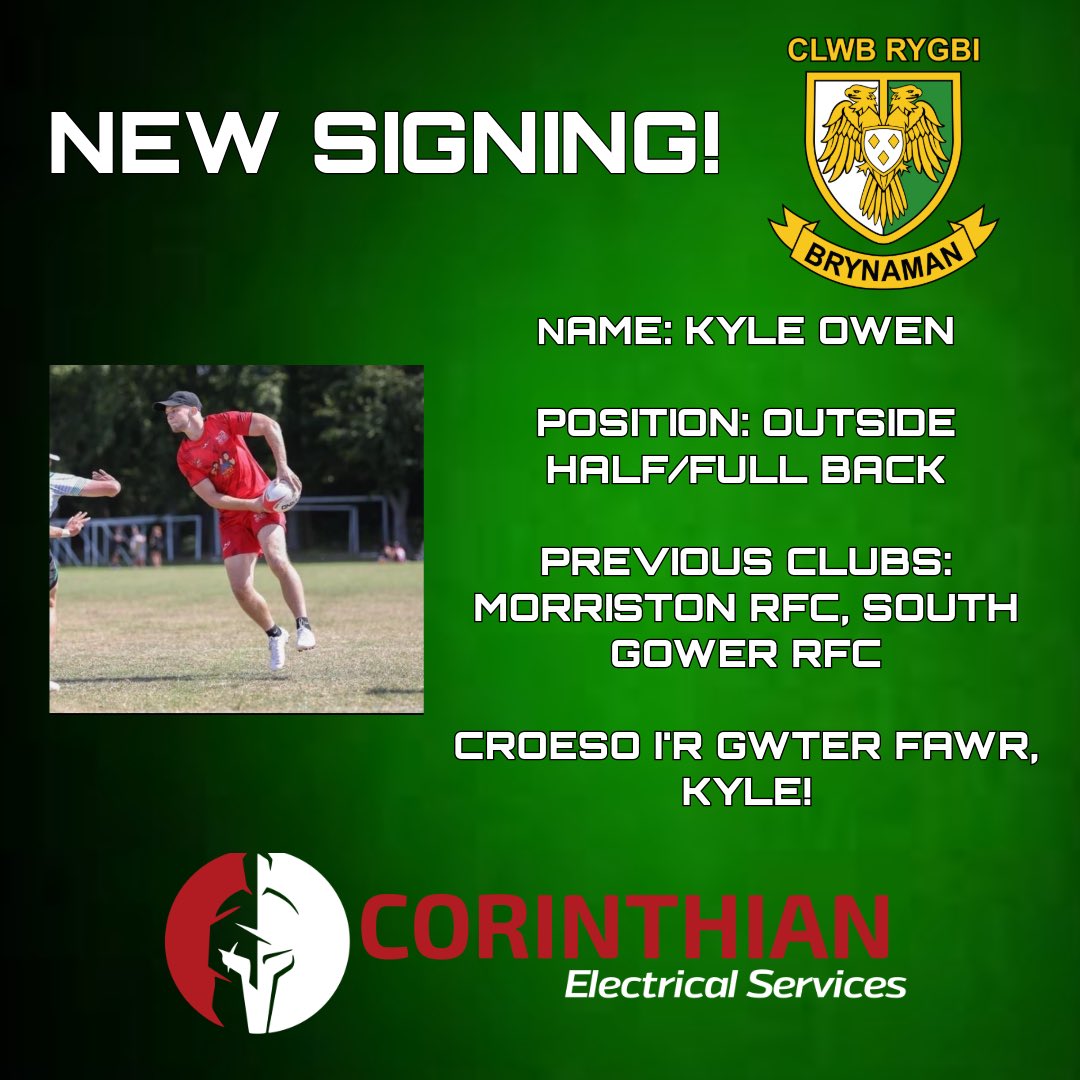 BrynammanRFC's tweet photo. Some early #SaturdaySigning news today…

We are delighted to welcome Kyle to Brynamman RFC for season 2024/25. Kyle joins following a successful few seasons at South Gower RFC. 
We are excited to see what you can do in green this season, Kyle. 

#VivaBrynamman #GreensYGwterFawr https://t.co/dmN7SA7sjl